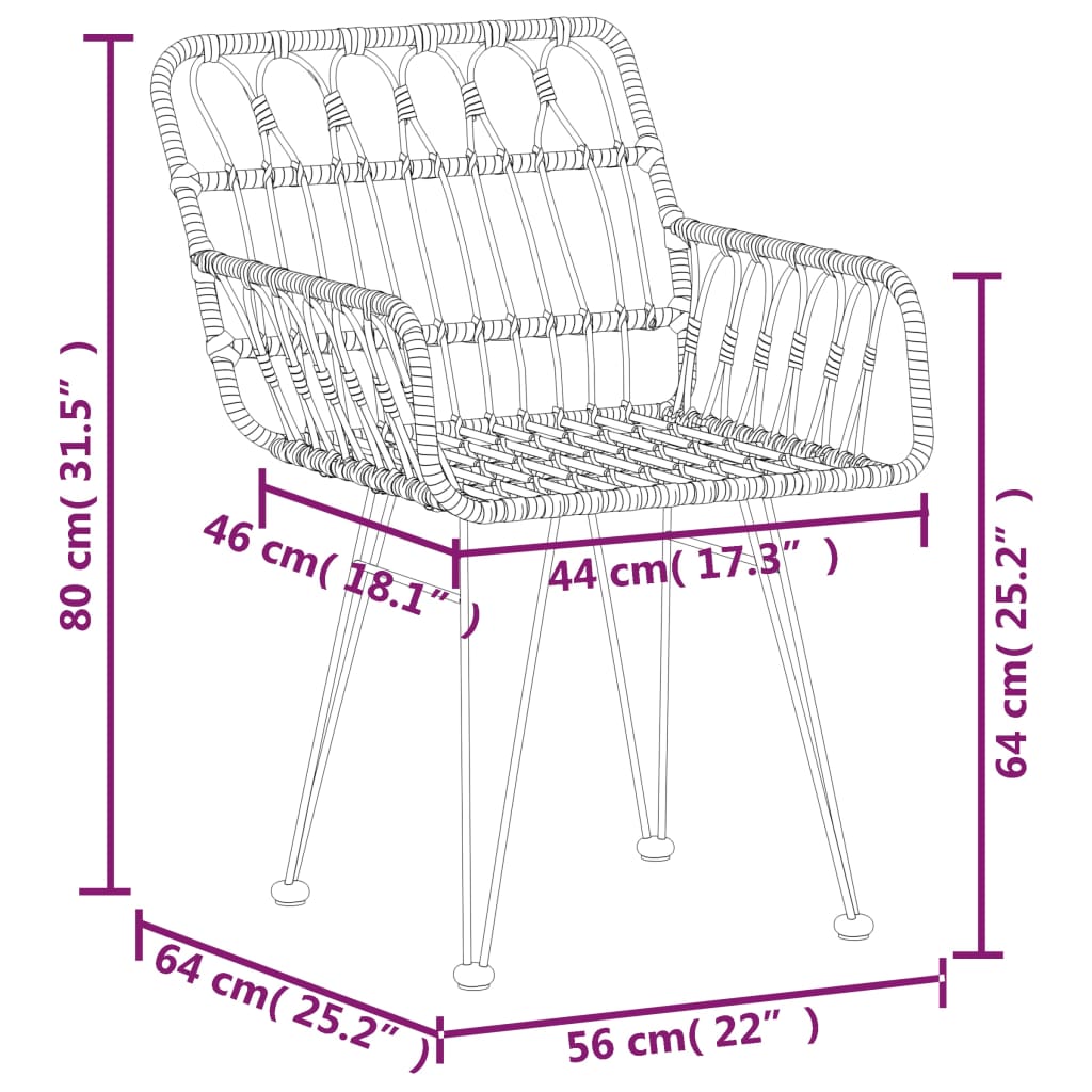 Cadeiras jardim c/ apoio braços 2 pcs 56x64x80 cm vime PE preto