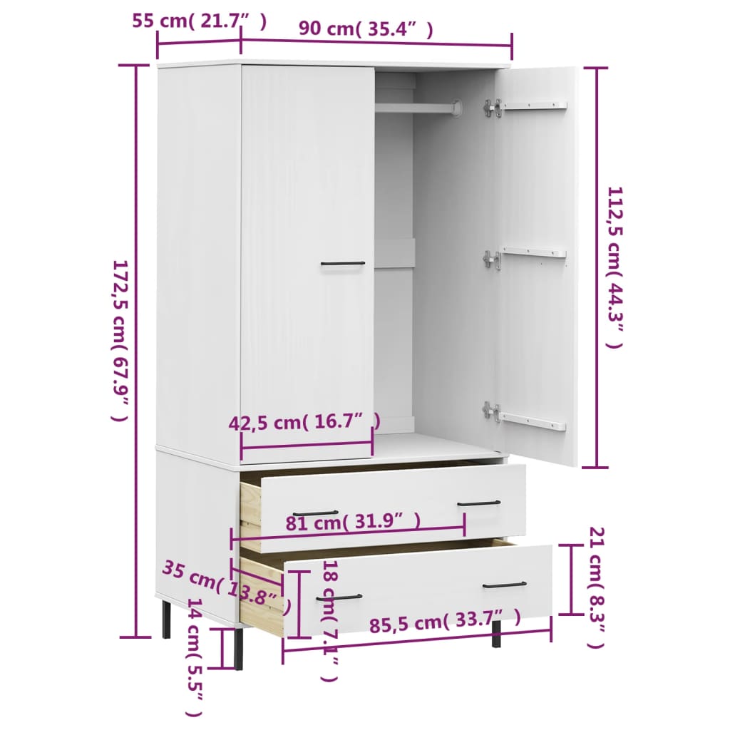 Roupeiro c/ pernas metal 90x55x172,5 cm madeira OSLO branco