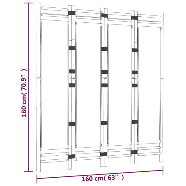 Biombo com 4 painéis dobráveis bambu e lona 160 cm