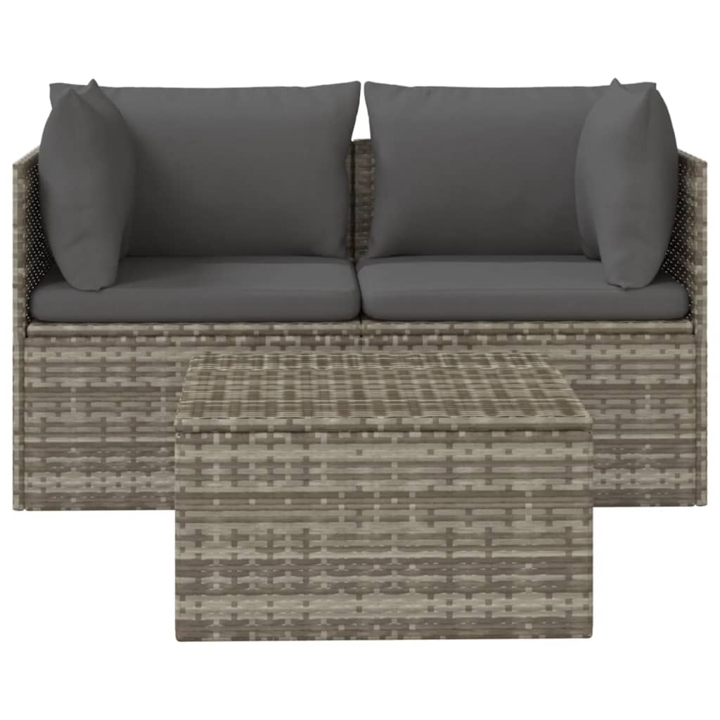 3 pcs conjunto lounge de jardim c/ almofadões vime PE cinzento