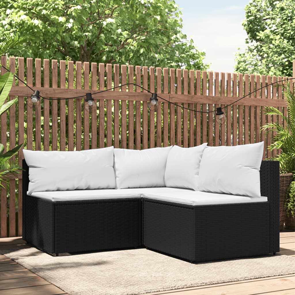 3 pcs garden lounge set with cushions black PE rattan
