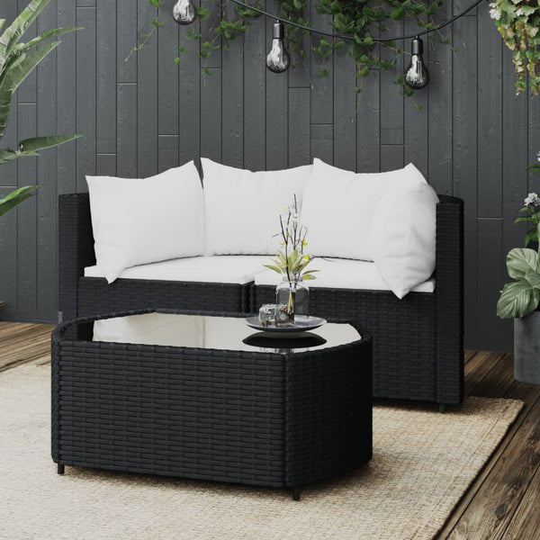 3 pcs garden lounge set with cushions black PE rattan