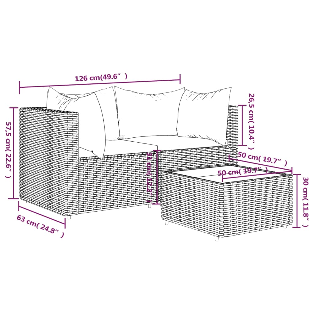 3 pcs garden lounge set with cushions brown PE rattan