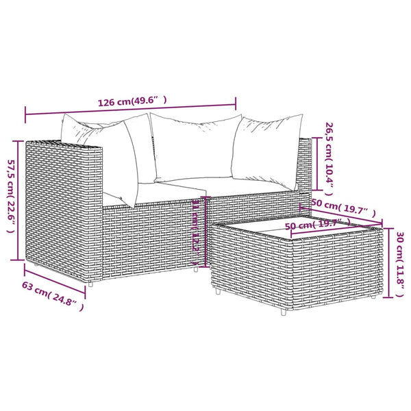 3 pcs garden lounge set with cushions brown PE rattan