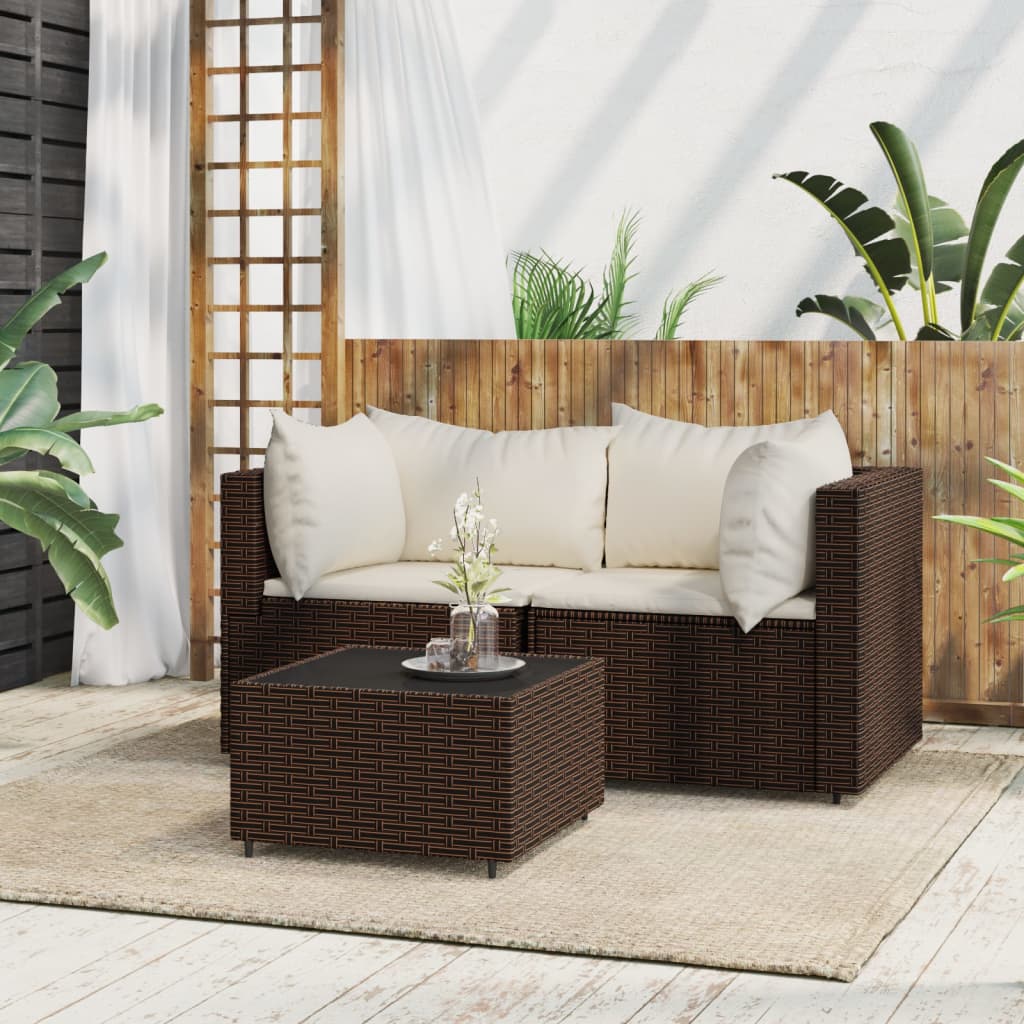 3 pcs conjunto lounge jardim c/ almofadões vime PE castanho