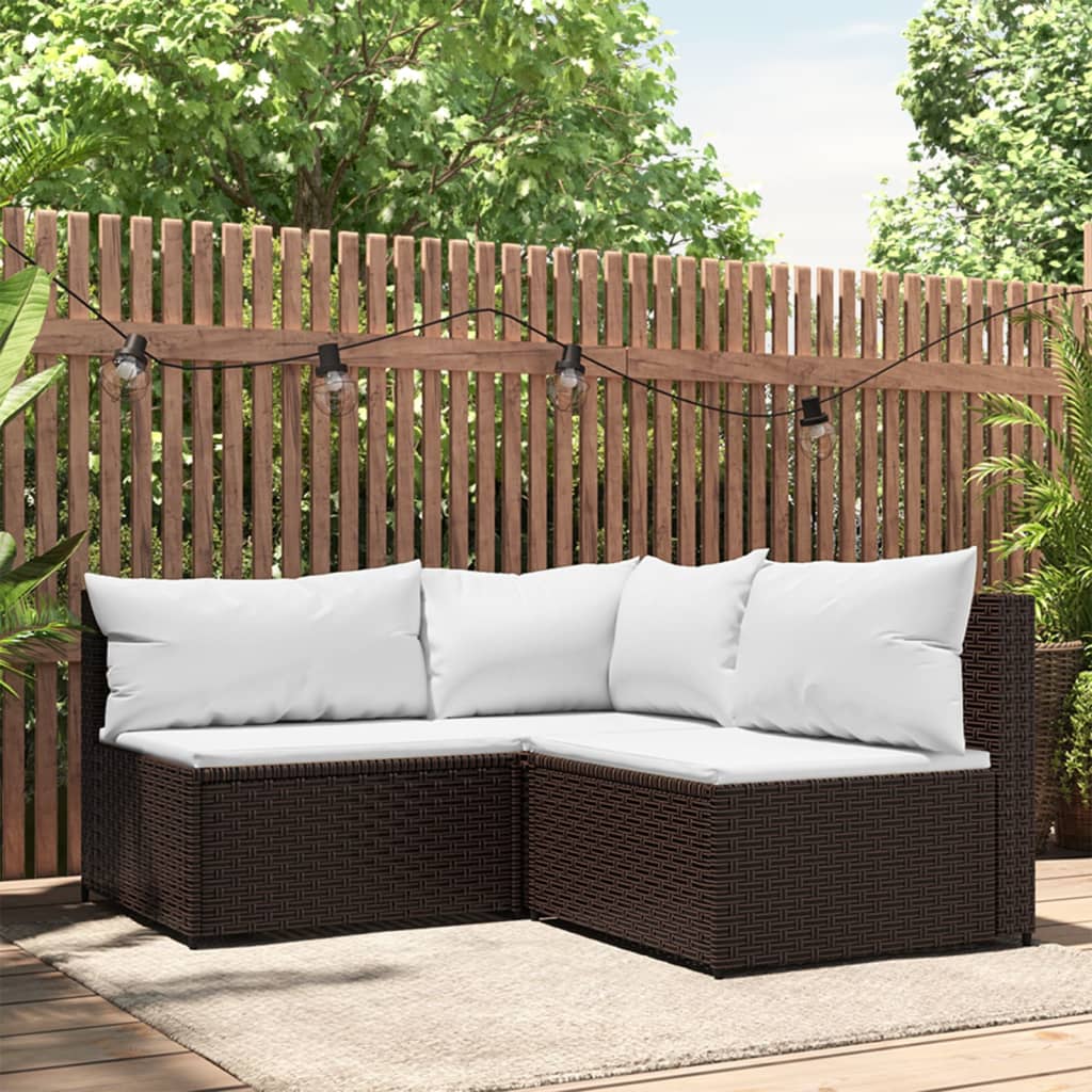 3 pcs garden lounge set with cushions brown PE rattan