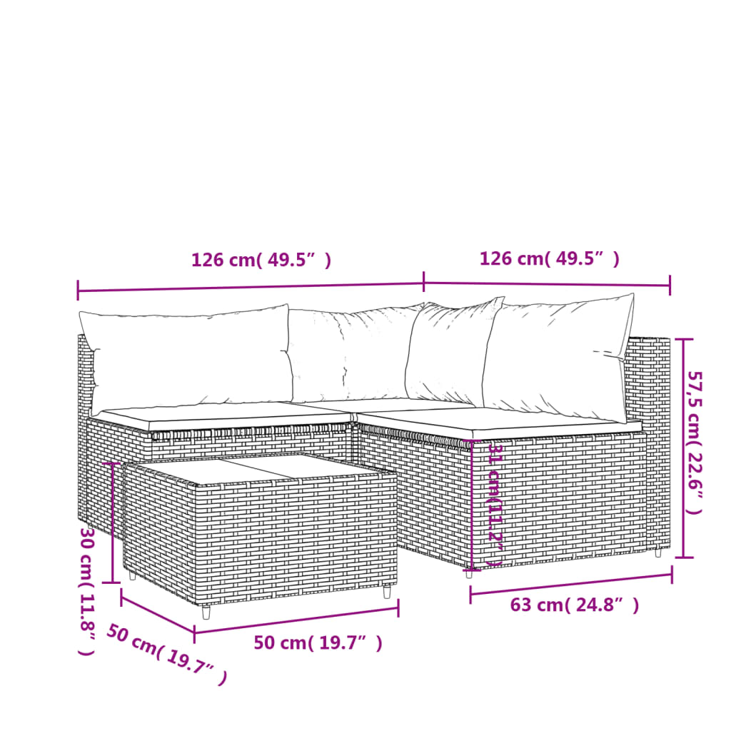 4 pcs conjunto lounge jardim c/ almofadões vime PE castanho