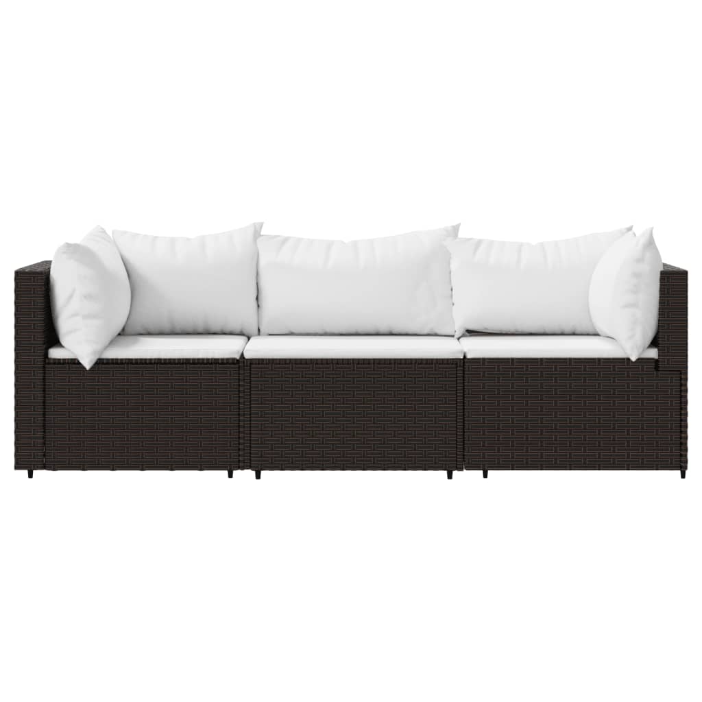 3 pcs conjunto lounge jardim c/ almofadões vime PE castanho