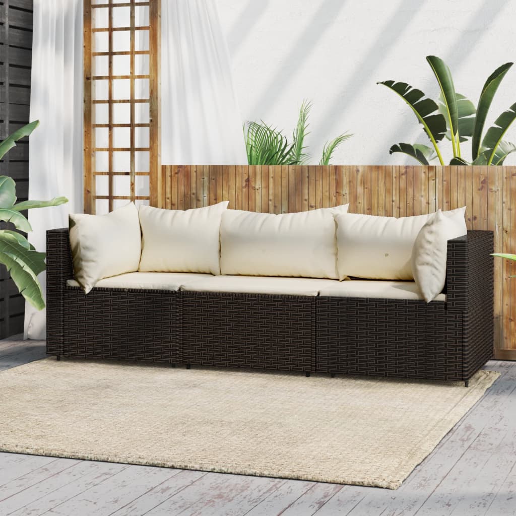 3 pcs garden lounge set with cushions brown PE rattan