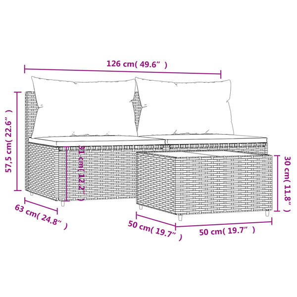 3 pcs conjunto lounge jardim c/ almofadões vime PE castanho