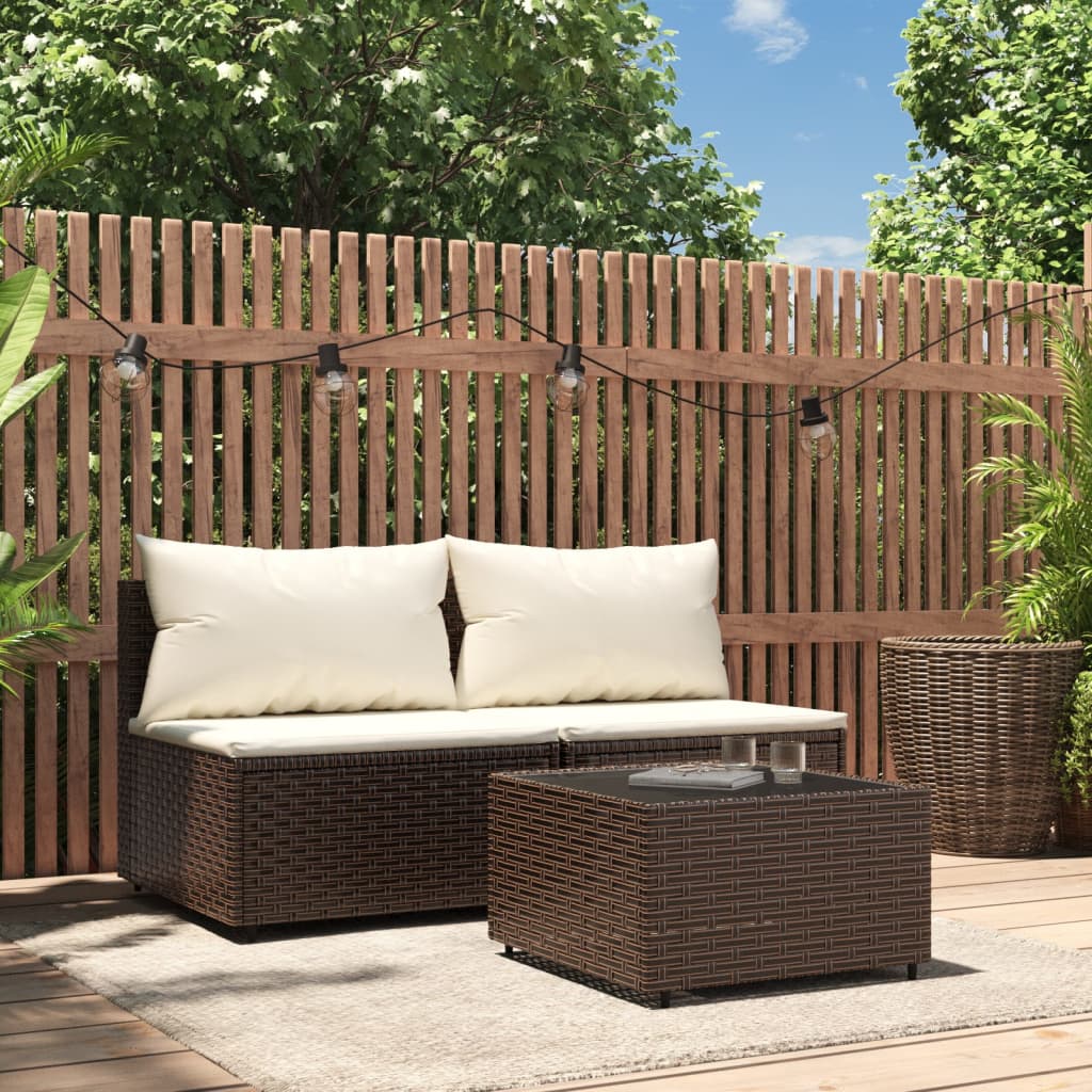 3 pcs garden lounge set with cushions brown PE rattan