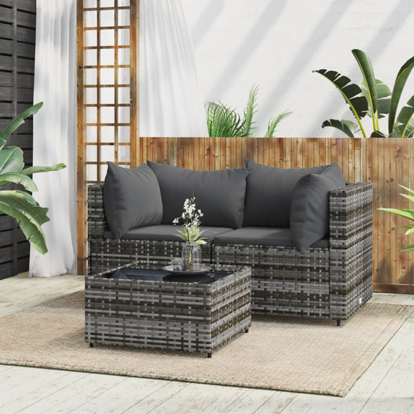 3 pcs garden lounge set with cushions gray PE rattan