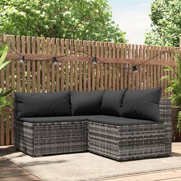 3 pcs garden lounge set with cushions gray PE rattan