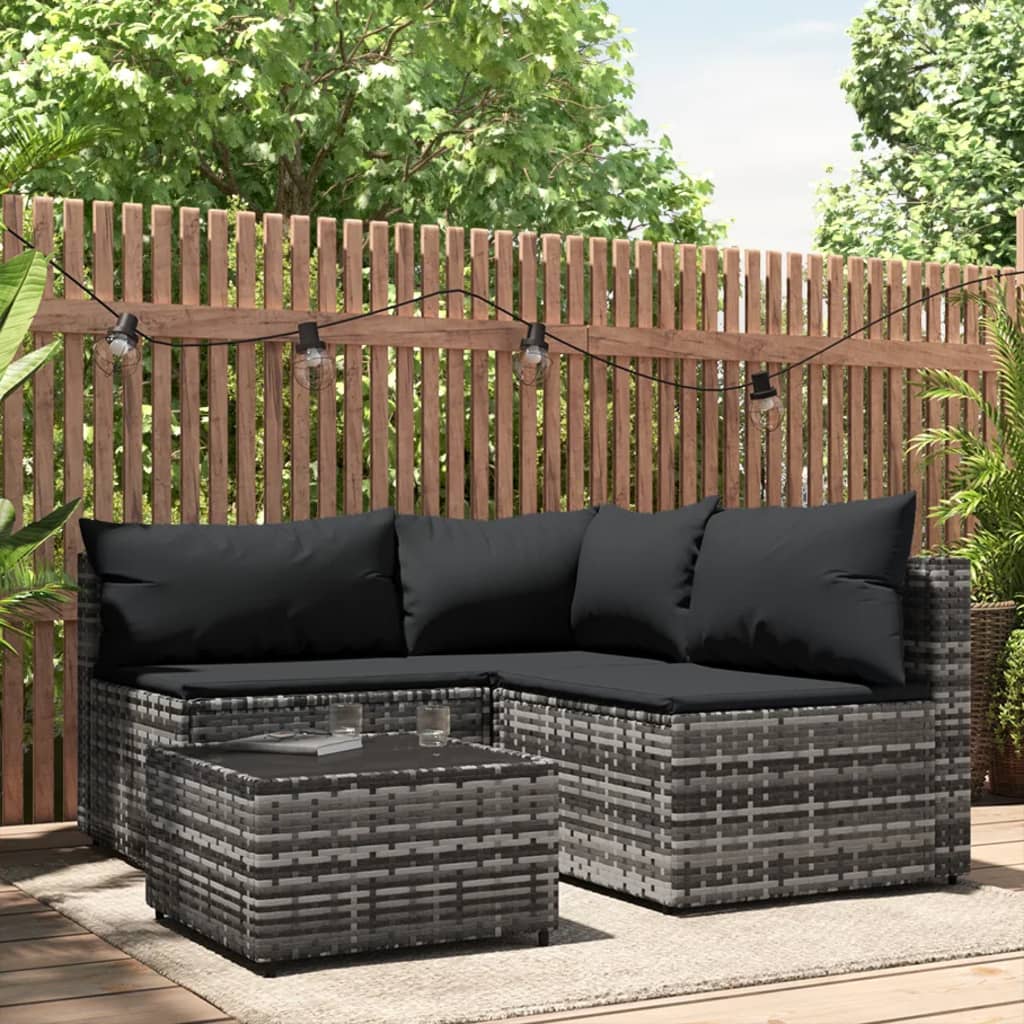 4 pcs conjunto lounge de jardim c/ almofadões vime PE cinzento