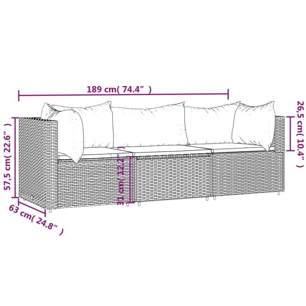 3 pcs garden lounge set with cushions gray PE rattan