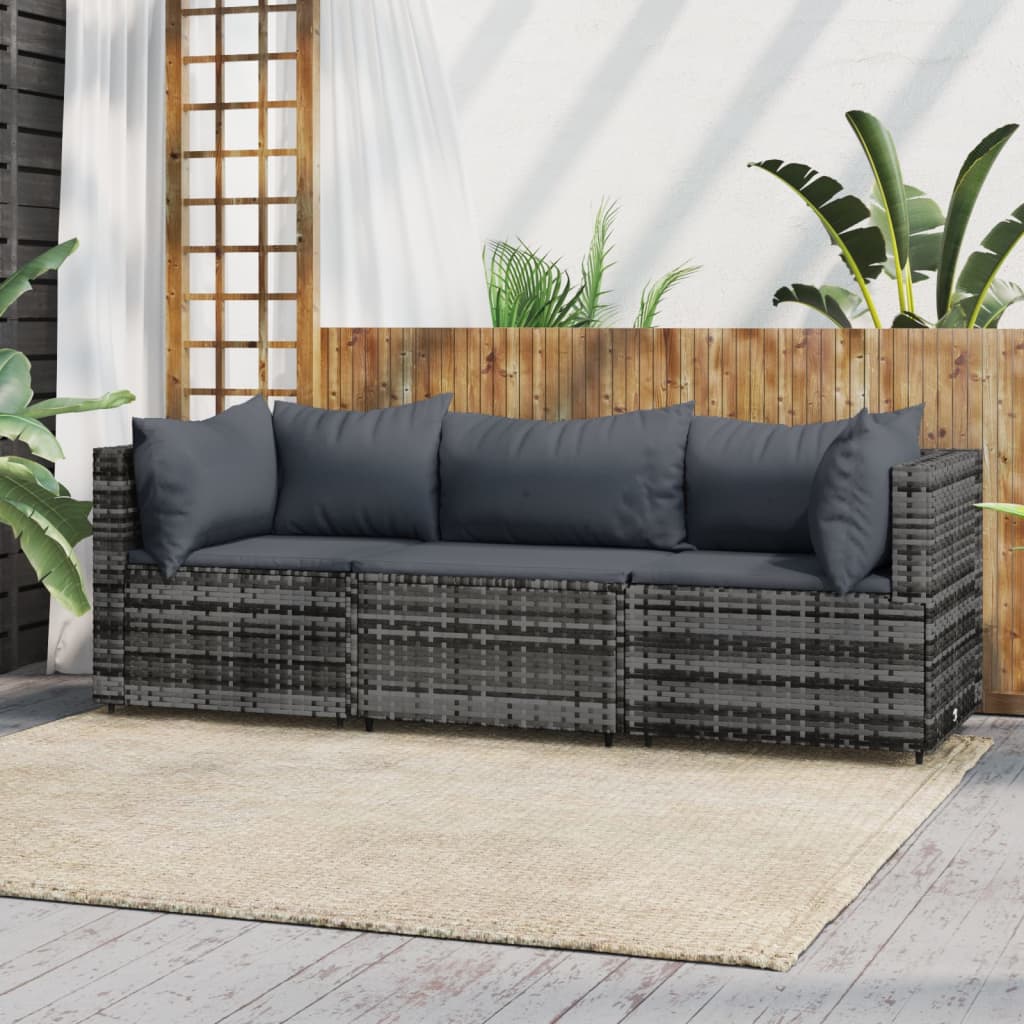 3 pcs garden lounge set with cushions gray PE rattan