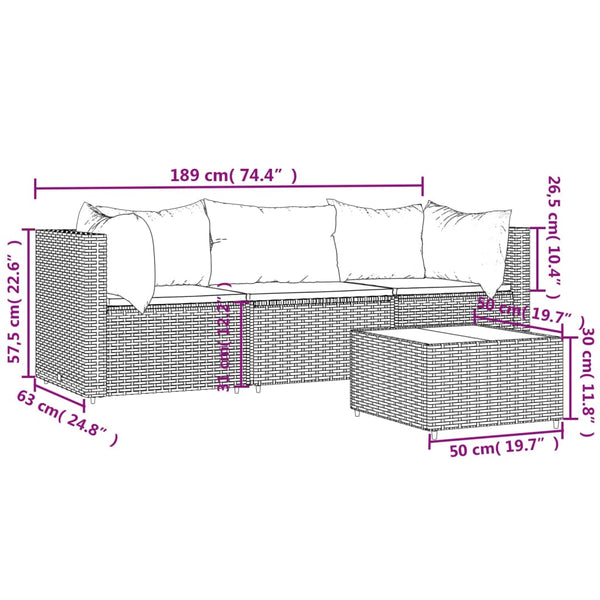 4 pcs conjunto lounge de jardim c/ almofadões vime PE cinzento