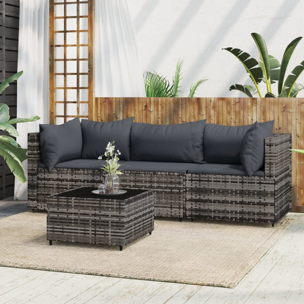 4 pcs conjunto lounge de jardim c/ almofadões vime PE cinzento