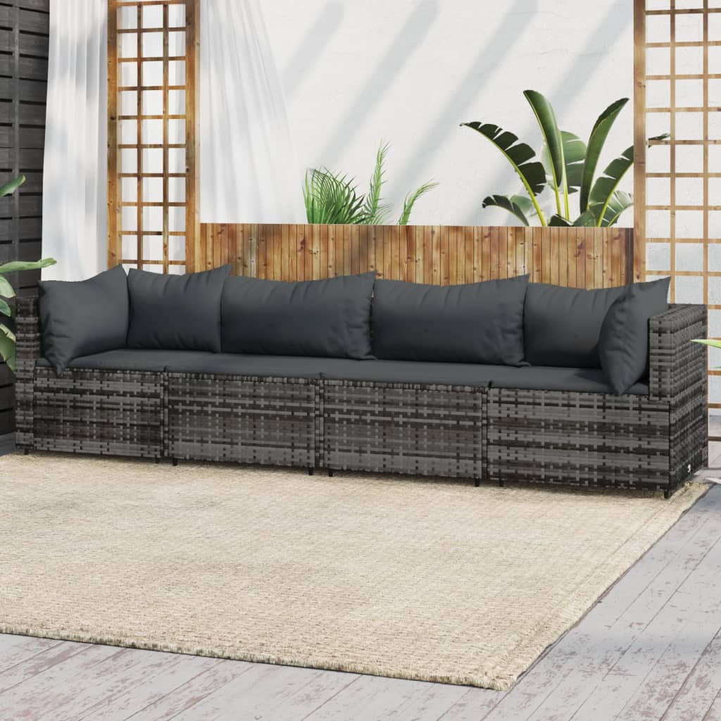 4 pcs conjunto lounge de jardim c/ almofadões vime PE cinzento