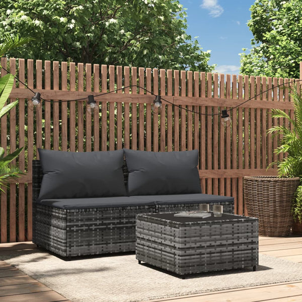 3 pcs garden lounge set with cushions gray PE rattan