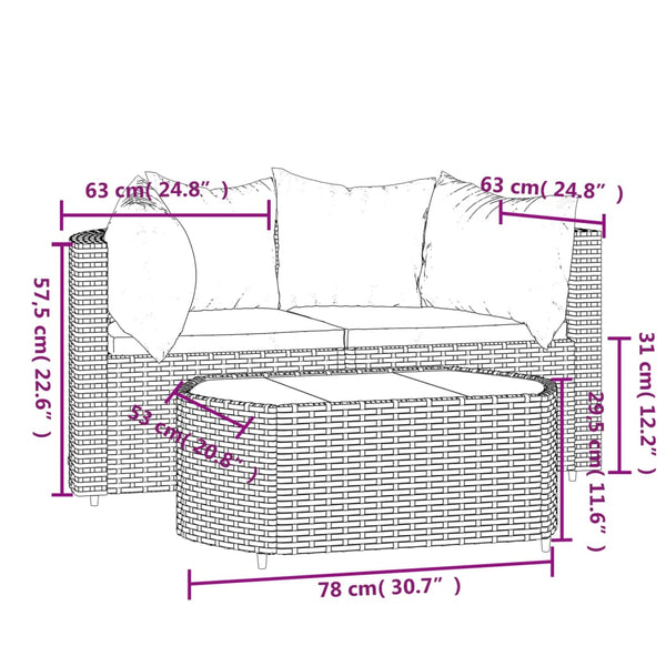 3 pcs garden lounge set with cushions gray PE rattan