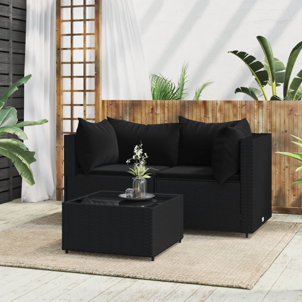 3 pcs garden lounge set with cushions black PE rattan