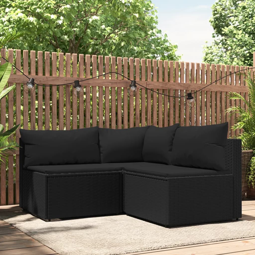 3 pcs garden lounge set with cushions black PE rattan