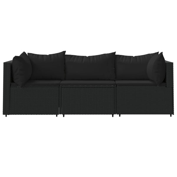 3 pcs conjunto lounge de jardim c/ almofadões vime PE preto