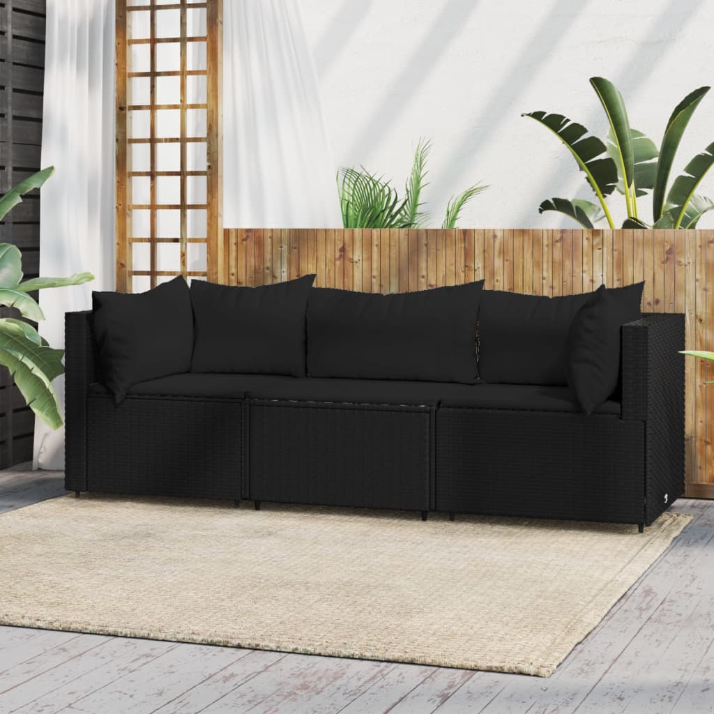 3 pcs garden lounge set with cushions black PE rattan