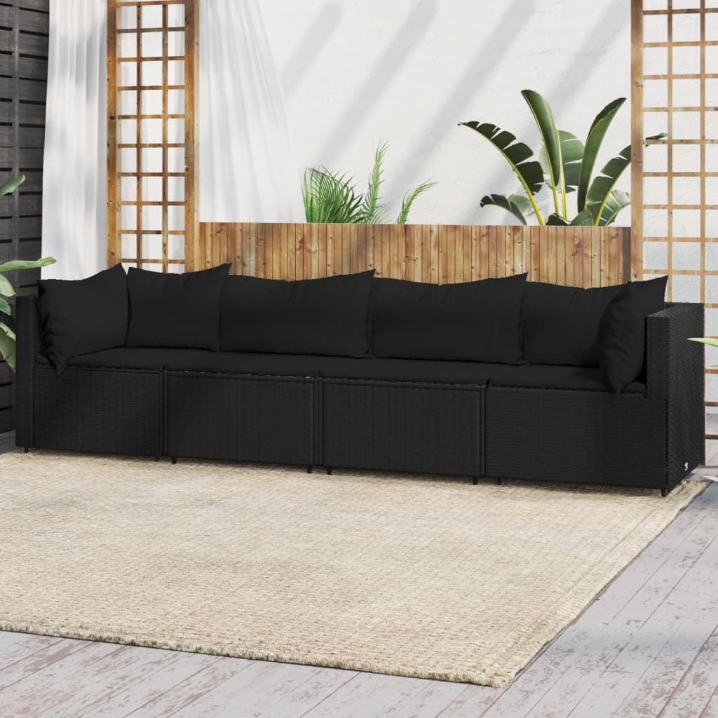 4 pcs conjunto lounge de jardim c/ almofadões vime PE preto