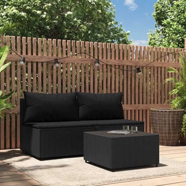 3 pcs garden lounge set with cushions black PE rattan