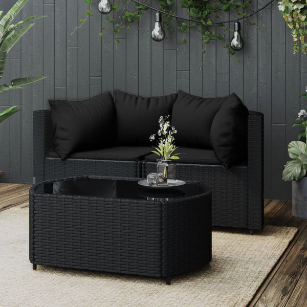 3 pcs garden lounge set with cushions black PE rattan