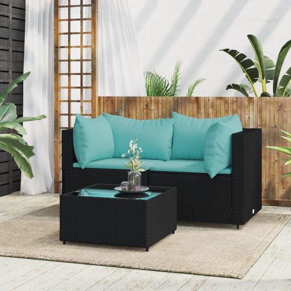 3 pcs garden lounge set with cushions black PE rattan