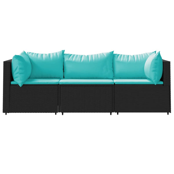 3 pcs conjunto lounge de jardim c/ almofadões vime PE preto