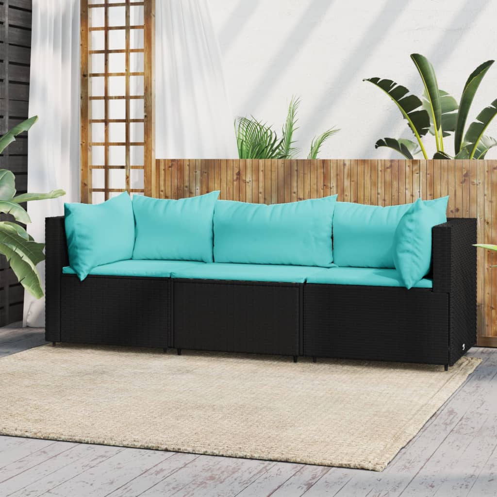 3 pcs garden lounge set with cushions black PE rattan