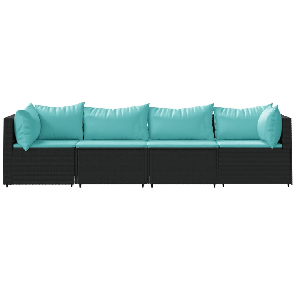 4 pcs conjunto lounge de jardim c/ almofadões vime PE preto