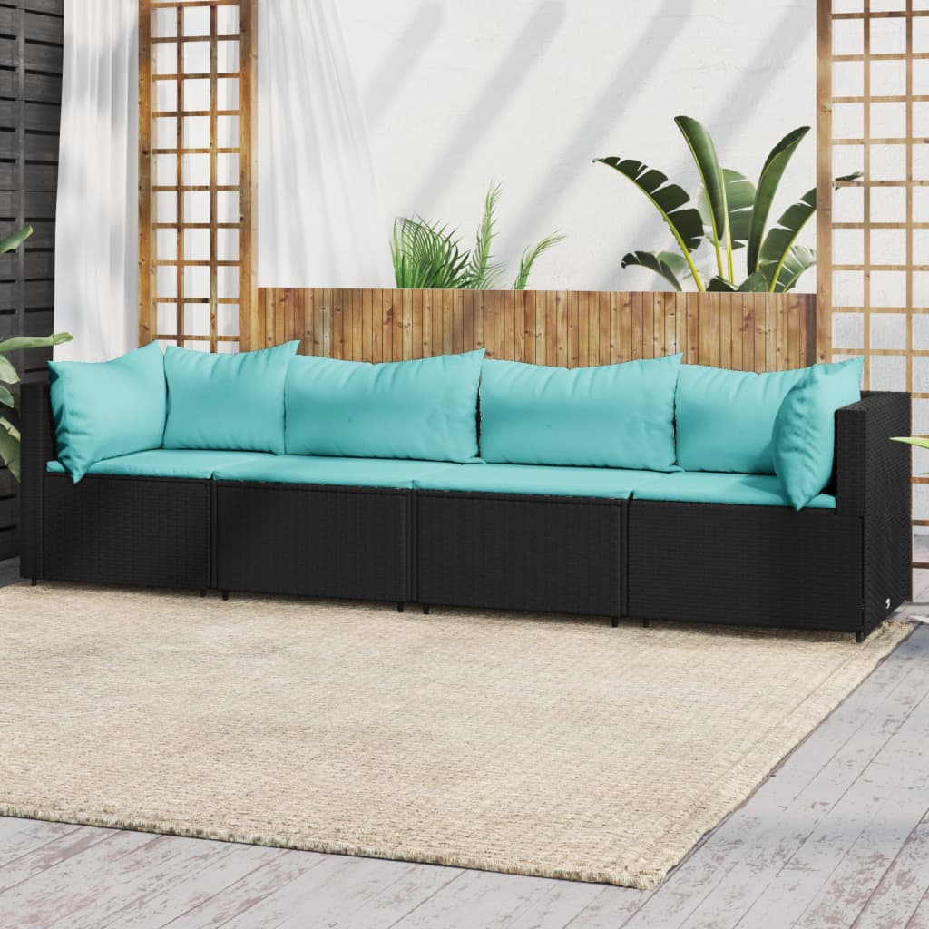 4 pcs conjunto lounge de jardim c/ almofadões vime PE preto