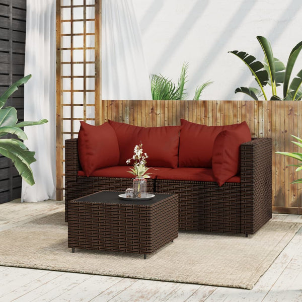 3 pcs garden lounge set with cushions brown PE rattan