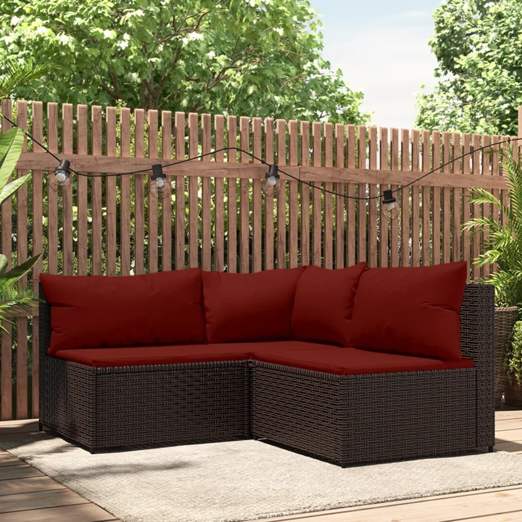 3 pcs garden lounge set with cushions brown PE rattan