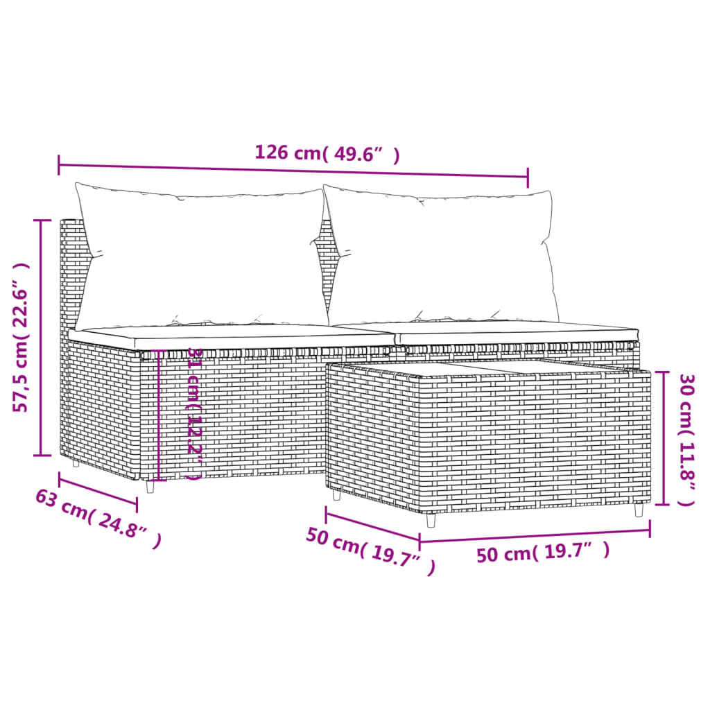 3 pcs conjunto lounge jardim c/ almofadões vime PE castanho