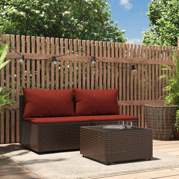 3 pcs garden lounge set with cushions brown PE rattan