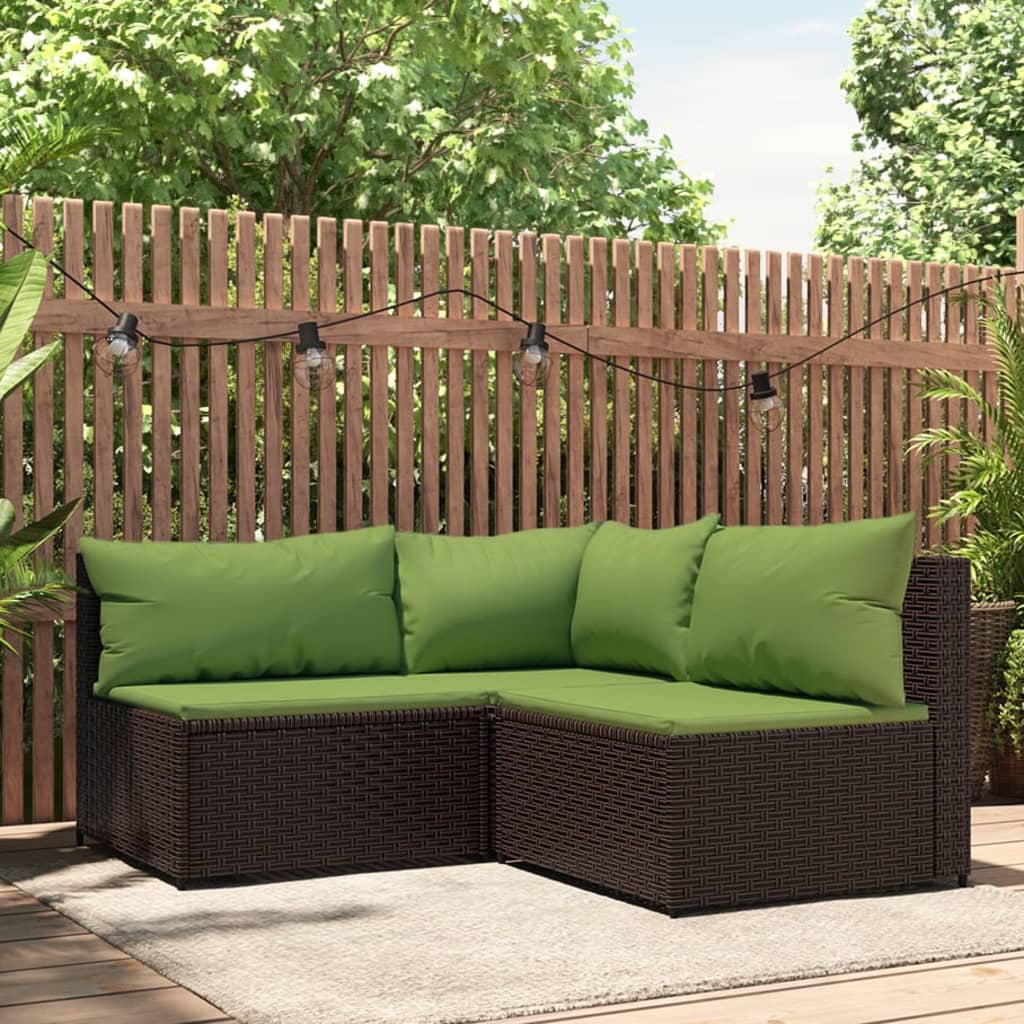 3 pcs garden lounge set with cushions brown PE rattan