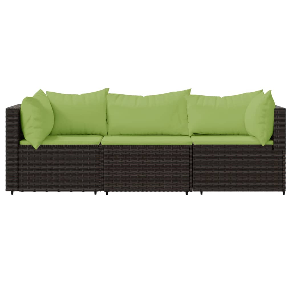 3 pcs conjunto lounge jardim c/ almofadões vime PE castanho