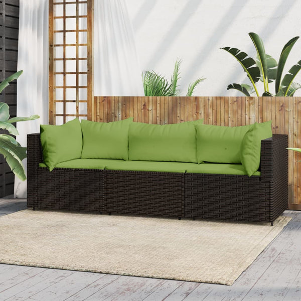 3 pcs garden lounge set with cushions brown PE rattan