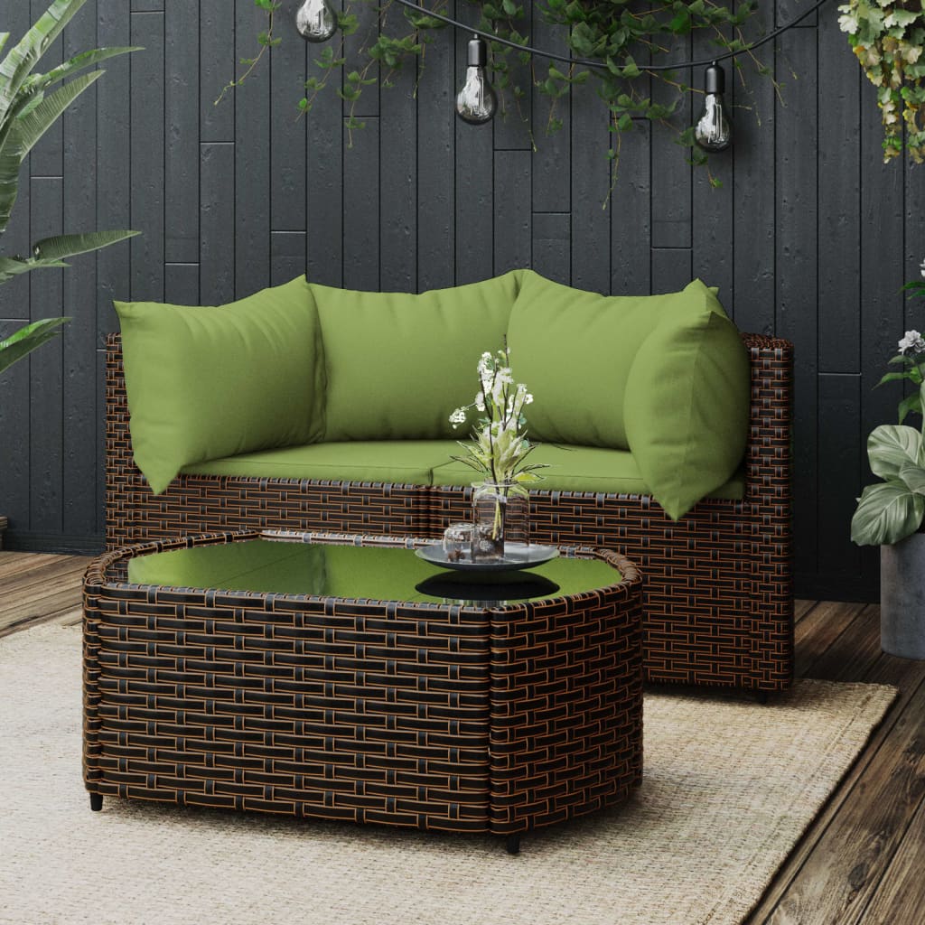 3 pcs conjunto lounge jardim c/ almofadões vime PE castanho