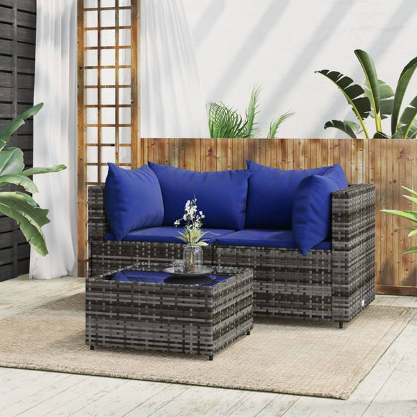 3 pcs garden lounge set with cushions gray PE rattan