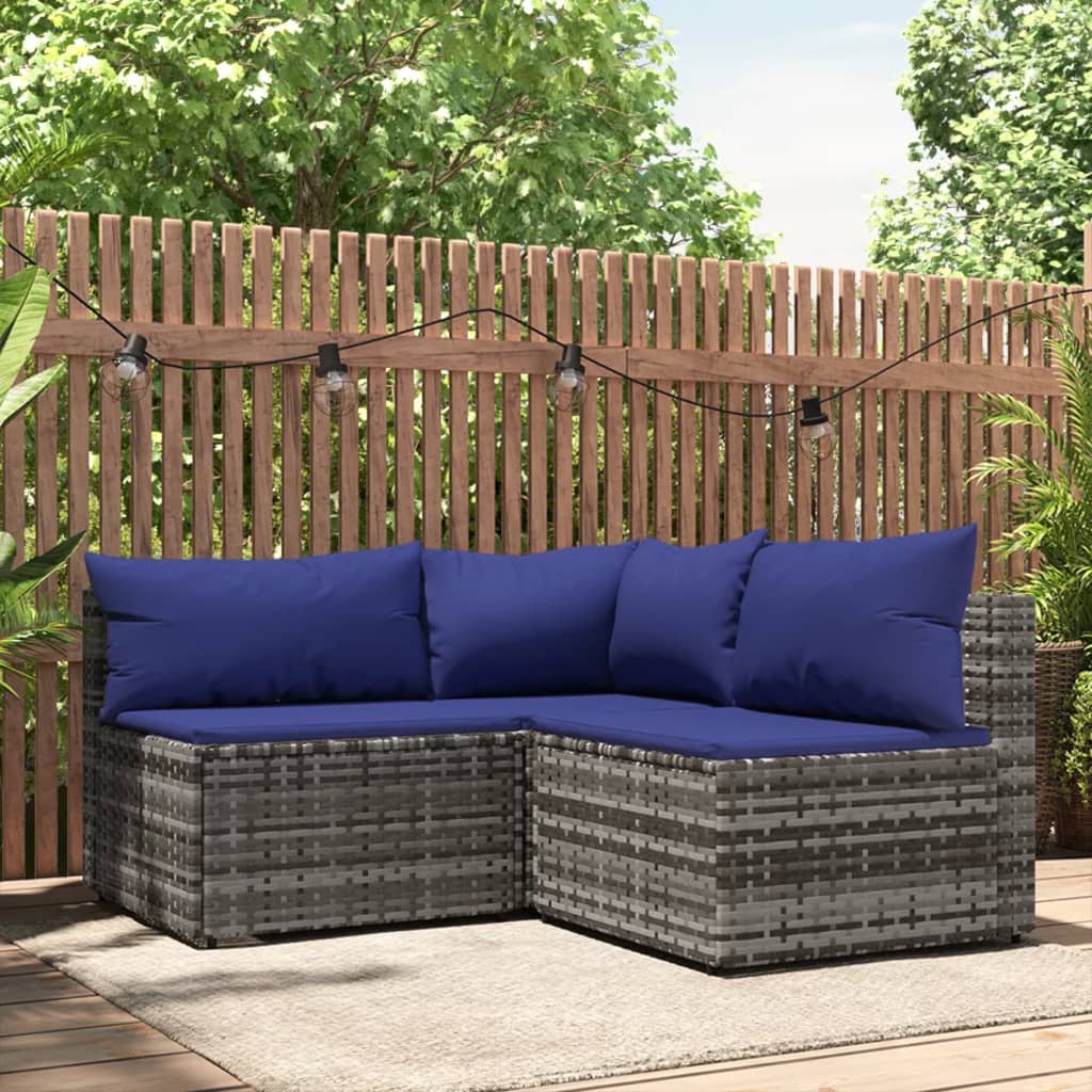 3 pcs garden lounge set with cushions gray PE rattan