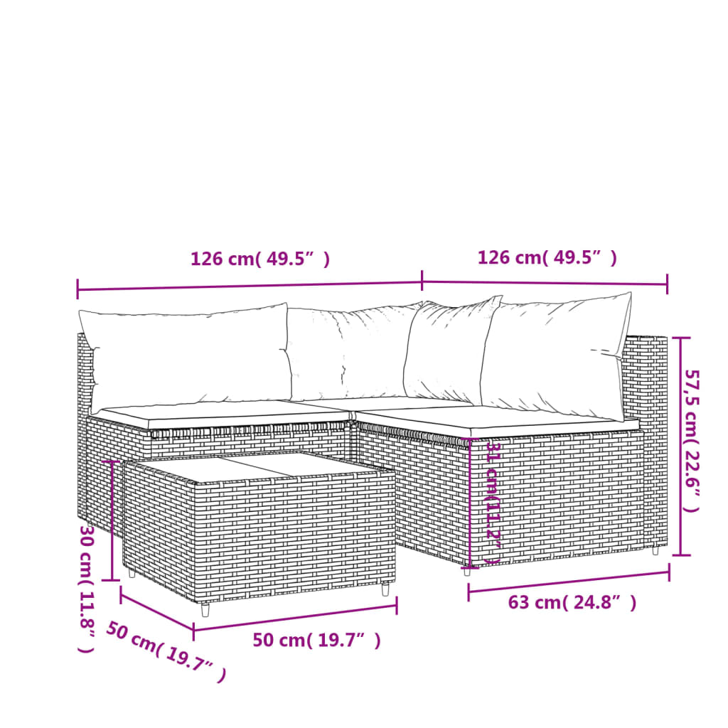 4 pcs garden lounge set with cushions gray PE rattan