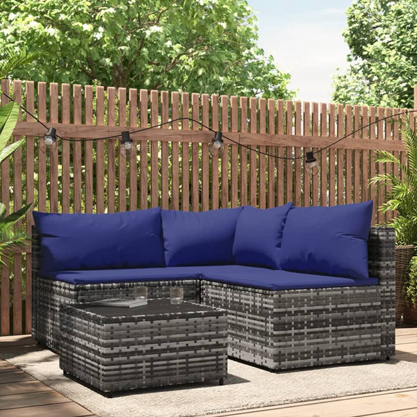 4 pcs conjunto lounge de jardim c/ almofadões vime PE cinzento