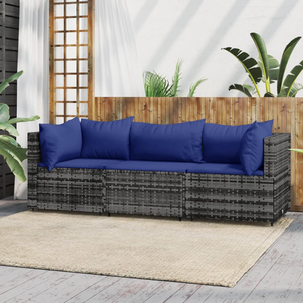 3 pcs garden lounge set with cushions gray PE rattan